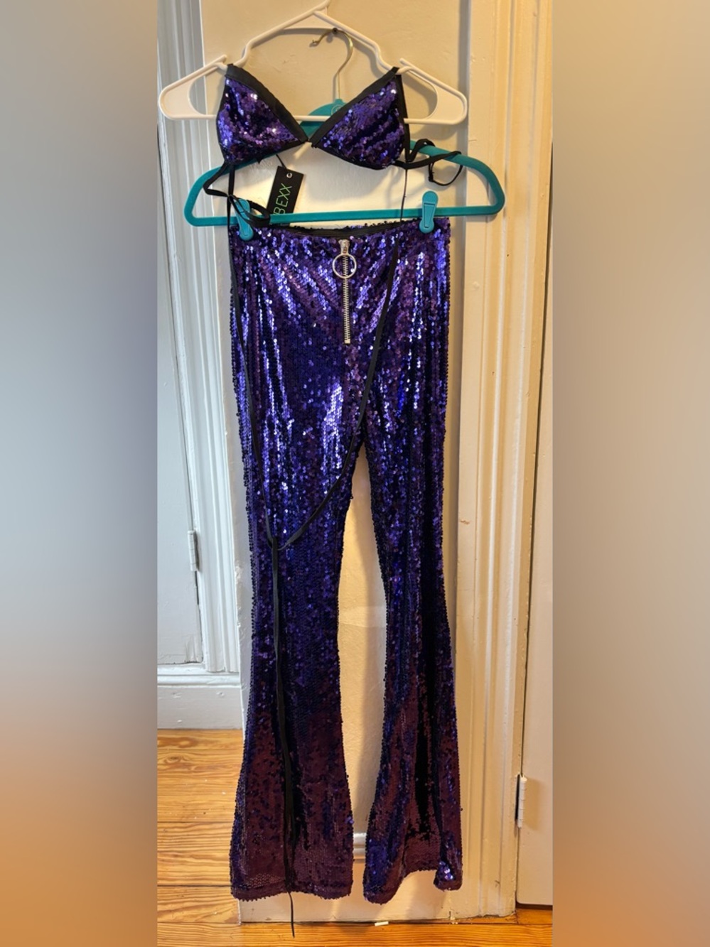 BNWT CLUB EXX Purple Sequin Two-Piece Set - Triangle Top & Flared Pants